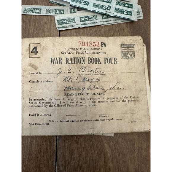 Vintage WW2 War Ration Book Four OPA Form R-145 + Stamps Haughton LA 1943 #1W - Picture 2 of 11